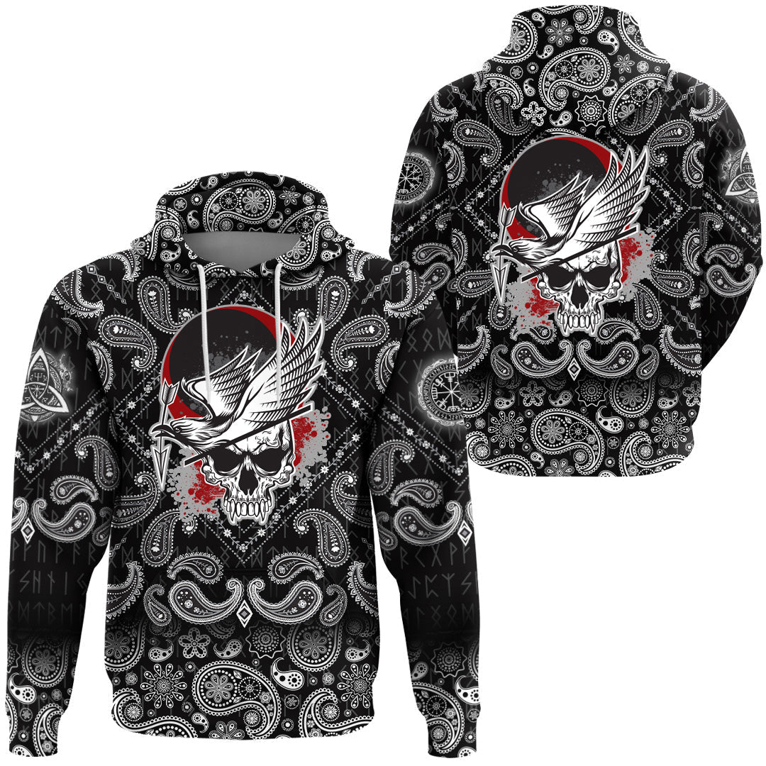 Viking Hoodie Dead Skull With Crow with Bandana Paisley Style RLT12