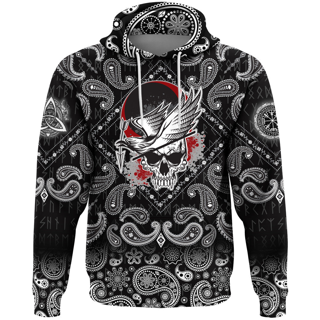 Viking Hoodie Dead Skull With Crow with Bandana Paisley Style RLT12