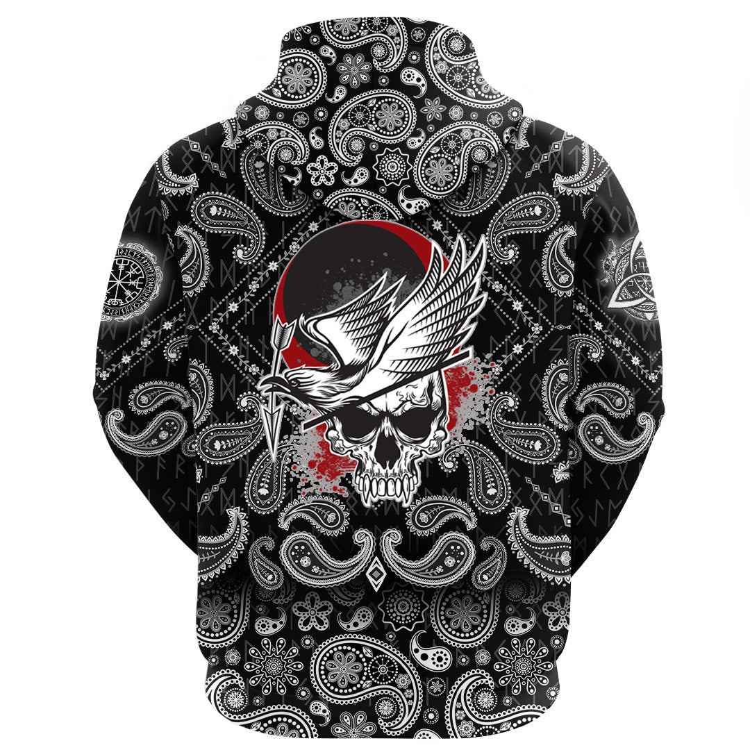 Viking Hoodie Dead Skull With Crow with Bandana Paisley Style RLT12