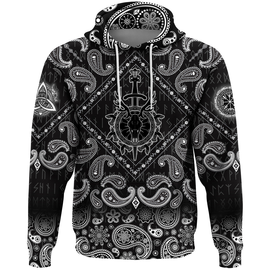 Viking Hoodie Deer Skull Sword and Shield with Bandana Paisley Style RLT12