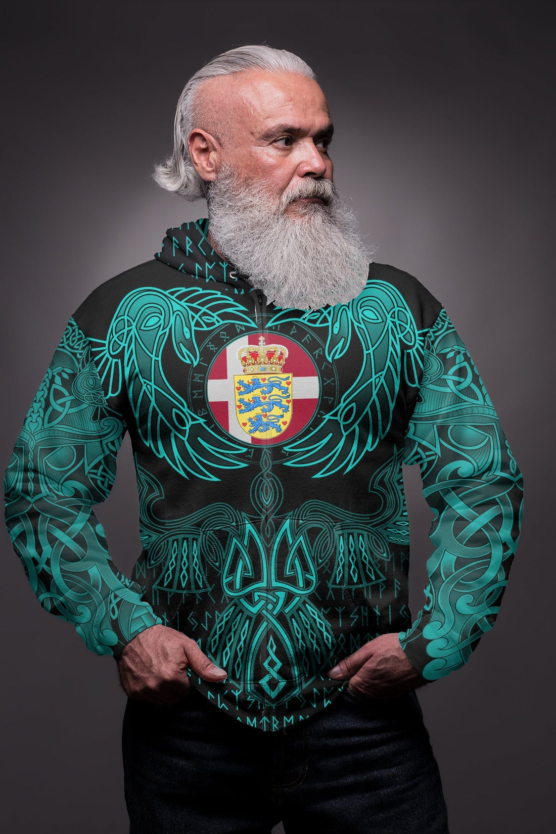 Viking Denmark Zip Hoodie Valknut of Odin Cyan RLT12