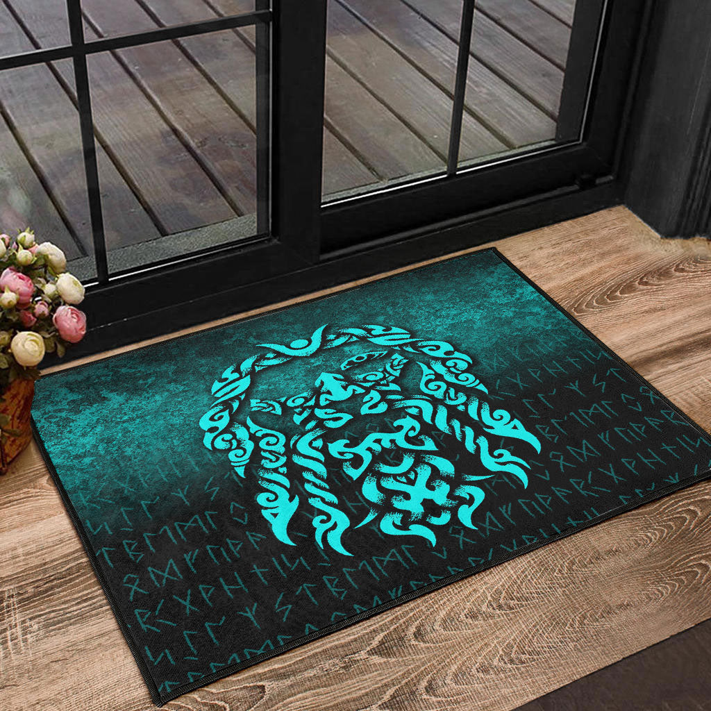 Viking Door Mat Viking God Odin Allfather In Asgard Raven God Cyan Version Door Mat RLT12