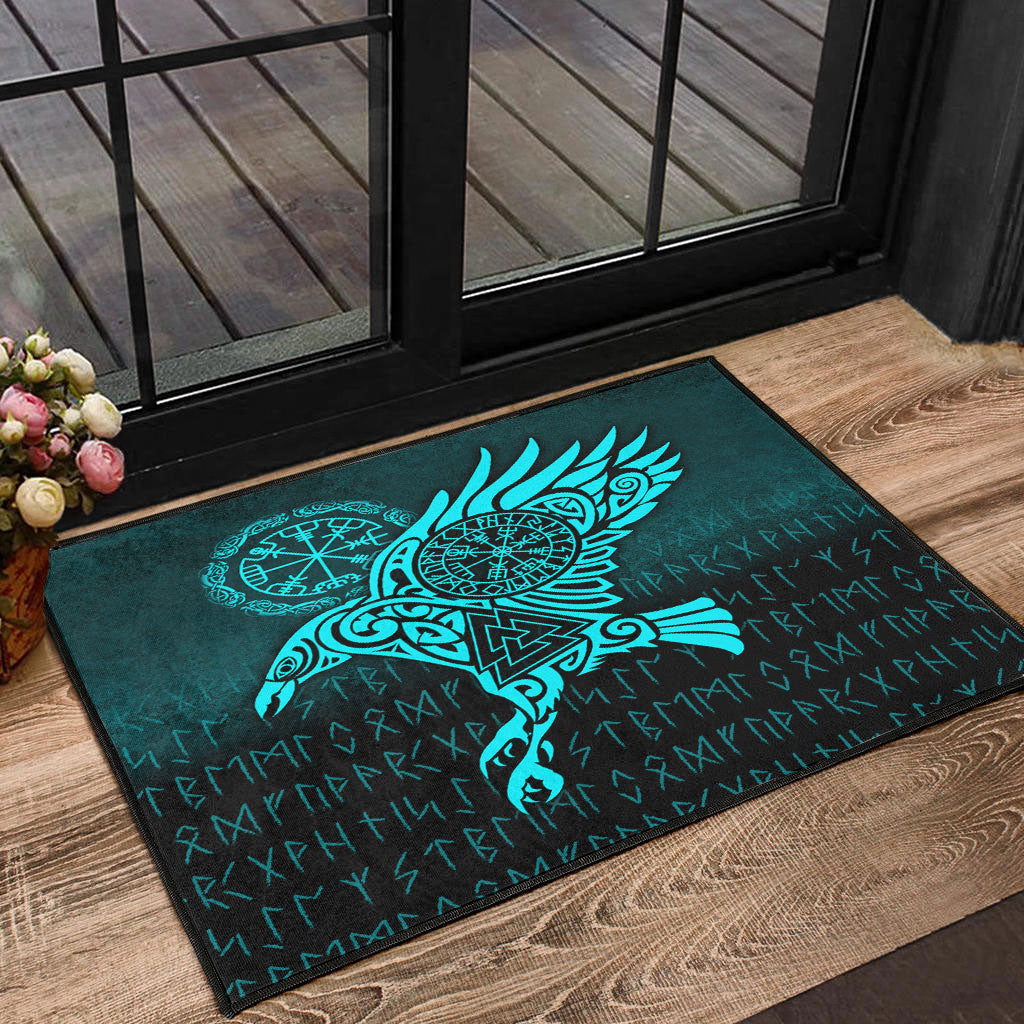 Viking Door Mat Raven Vegvisir Tattoo Cyan Version Door Mat RLT12