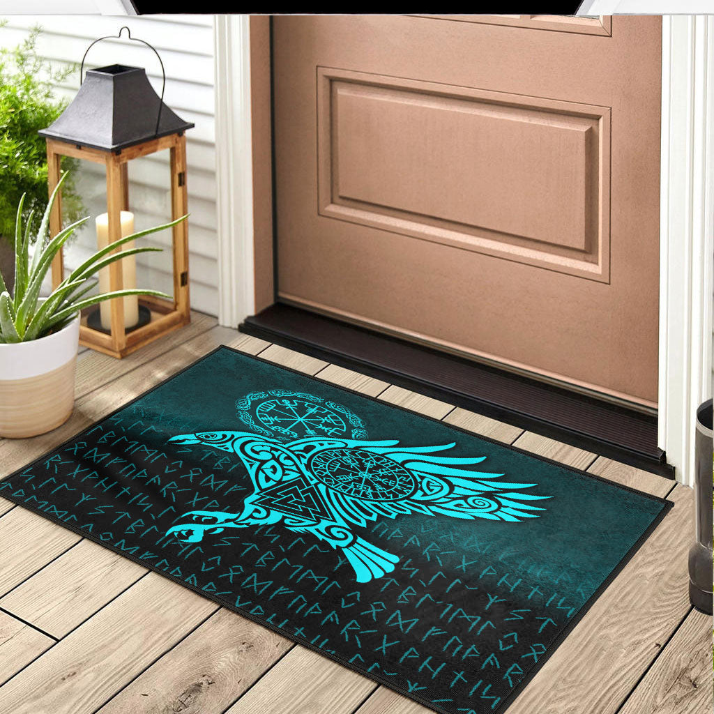 Viking Door Mat Raven Vegvisir Tattoo Cyan Version Door Mat RLT12