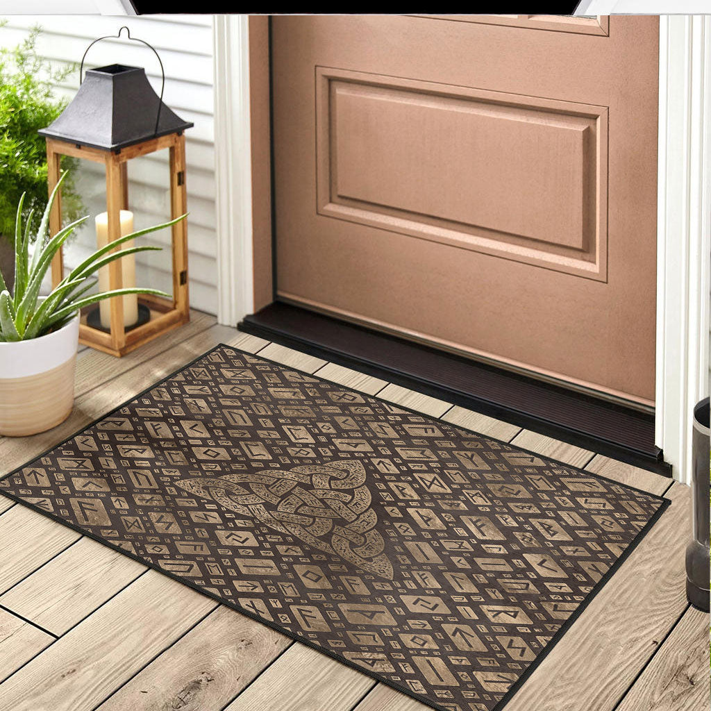 Viking Door Mat Triquetra and Runic Alphabet Wood and Gold Door Mat RLT12