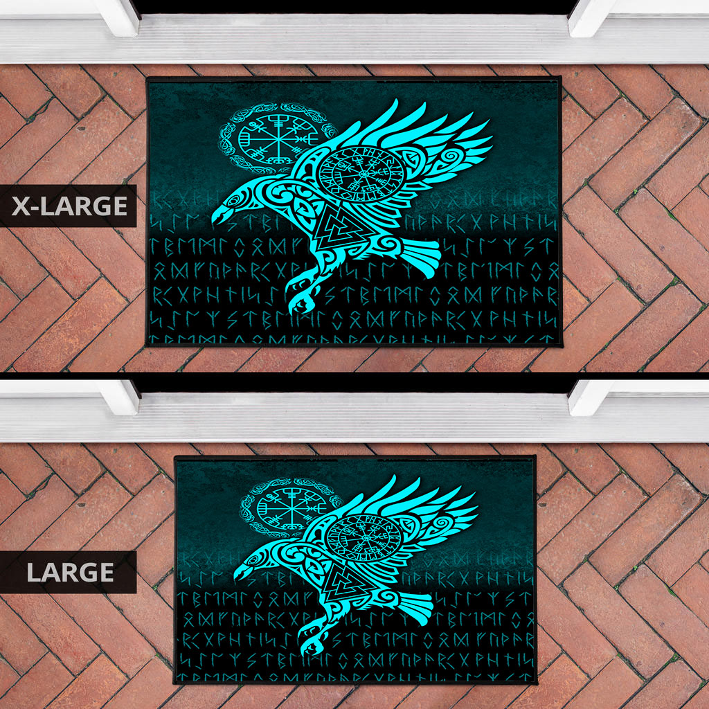 Viking Door Mat Raven Vegvisir Tattoo Cyan Version Door Mat RLT12