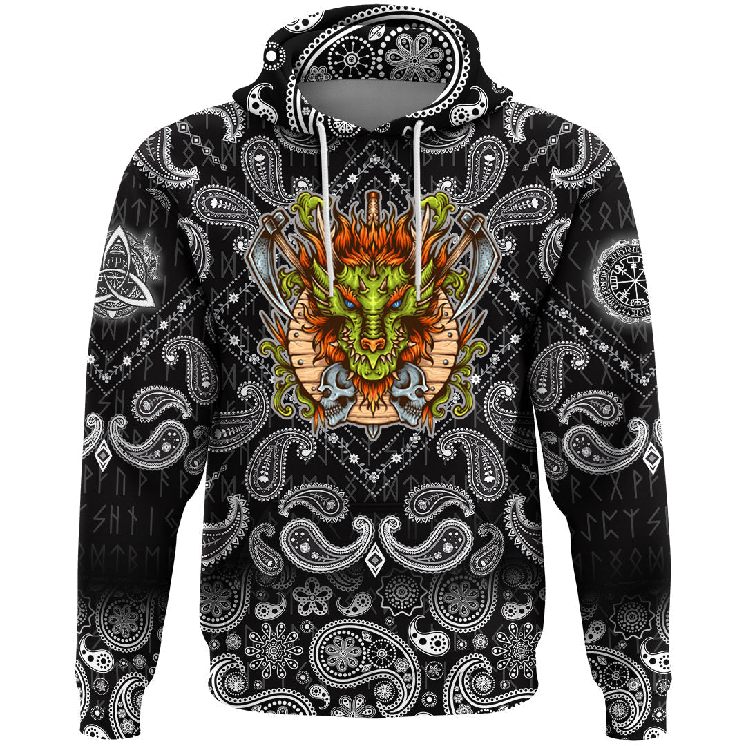 Viking Hoodie Dragon Shield Axe Sword Skull with Bandana Paisley Style RLT12