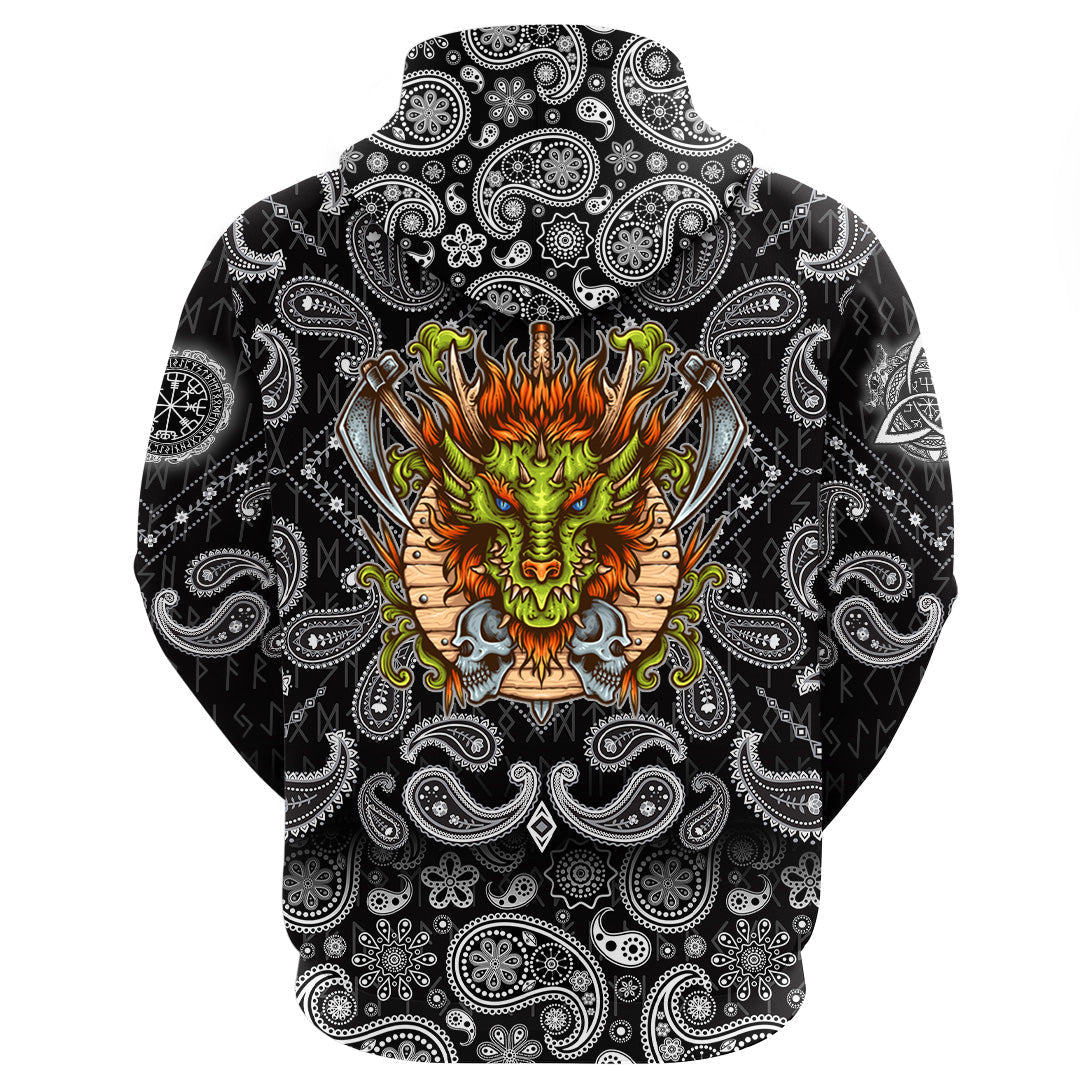 Viking Hoodie Dragon Shield Axe Sword Skull with Bandana Paisley Style RLT12