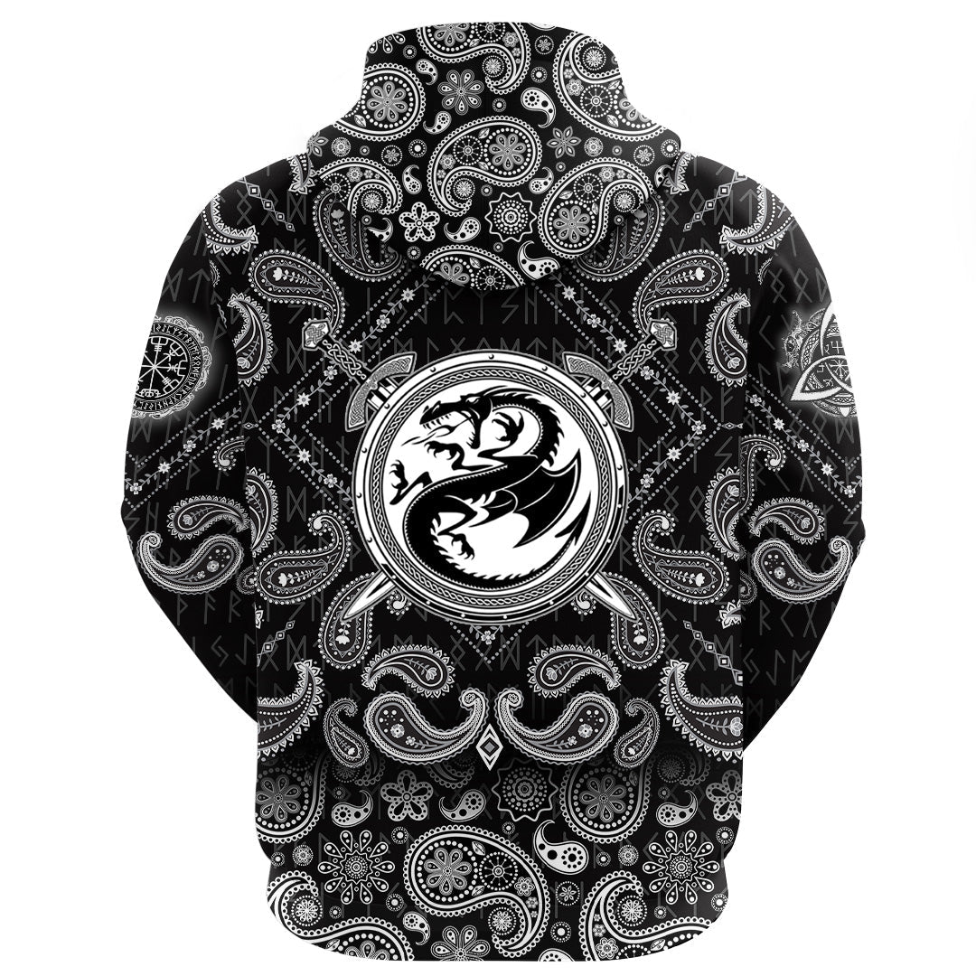 Viking Hoodie Dragon Shield With Crossing Swords with Bandana Paisley Style RLT12