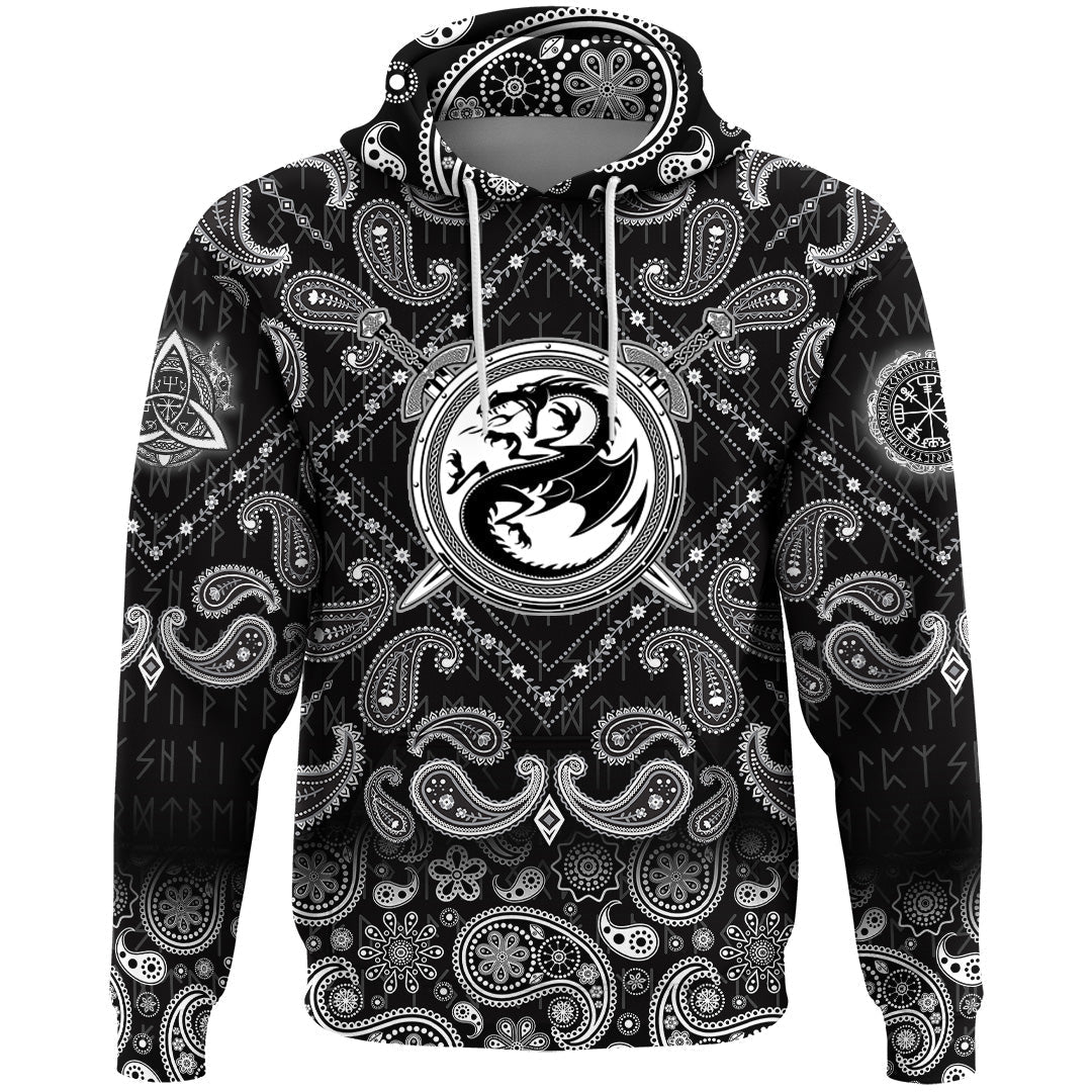 Viking Hoodie Dragon Shield With Crossing Swords with Bandana Paisley Style RLT12