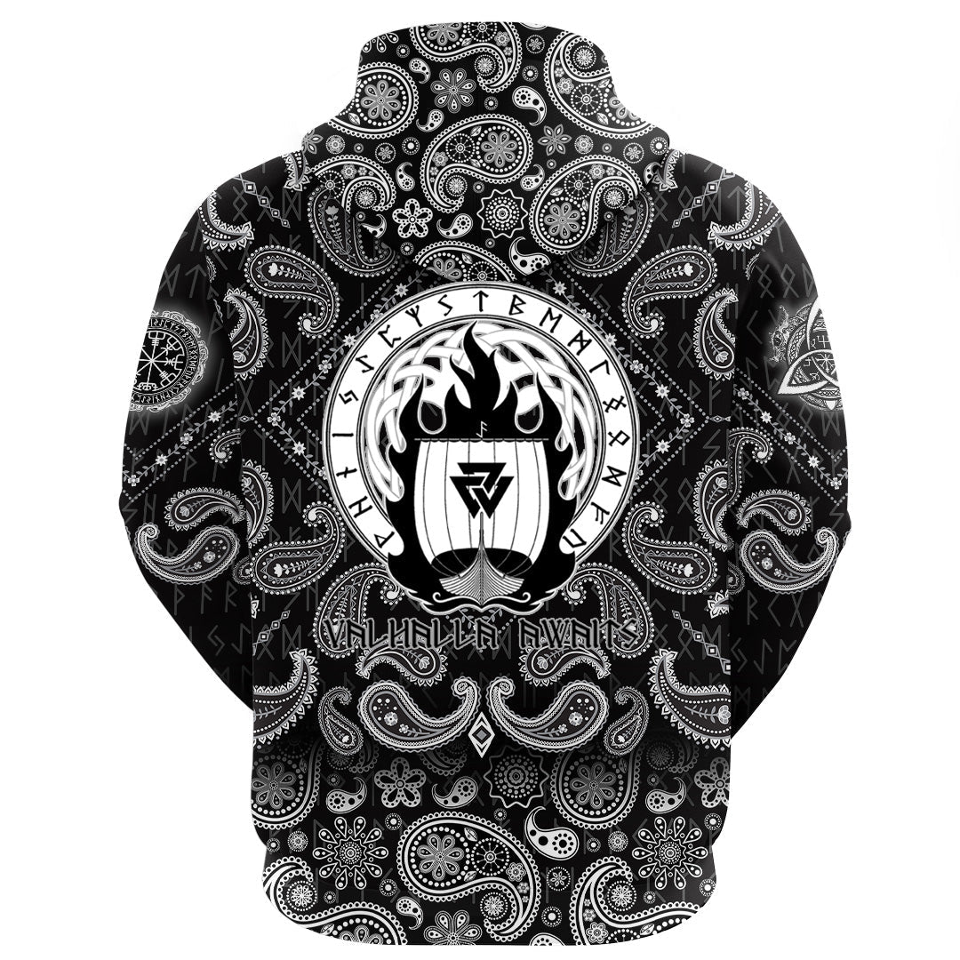Viking Hoodie Drakkar On Fire and Norse Runes with Bandana Paisley Style RLT12