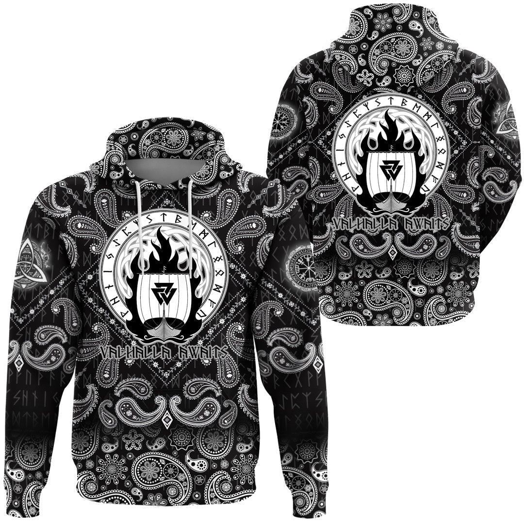 Viking Hoodie Drakkar On Fire and Norse Runes with Bandana Paisley Style RLT12