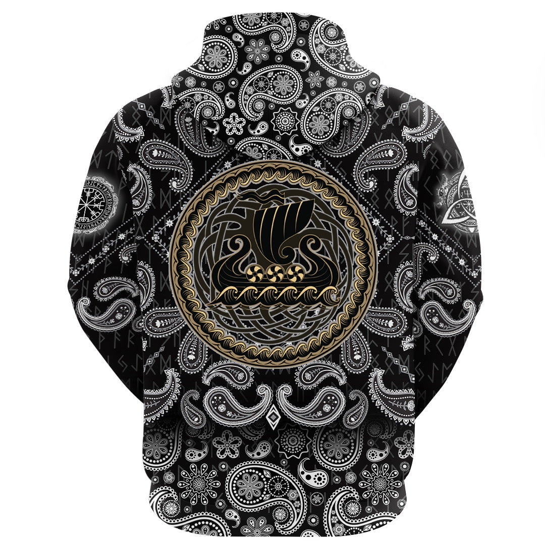 Viking Hoodie Drakkar Ship Sailing On The Stormy Sea with Bandana Paisley Style RLT12