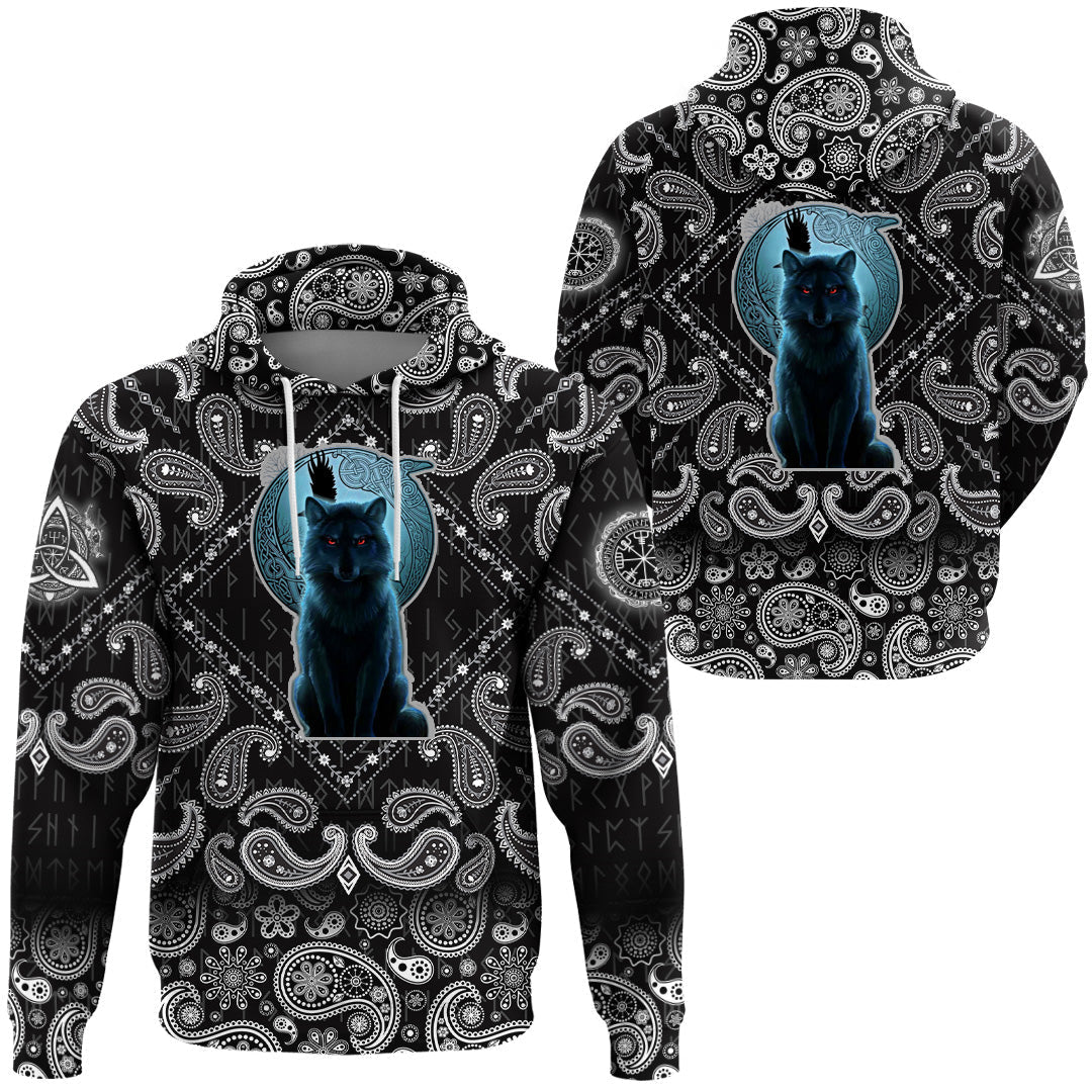 Viking Hoodie Fenrir Wolf and Moon with Bandana Paisley Style RLT12