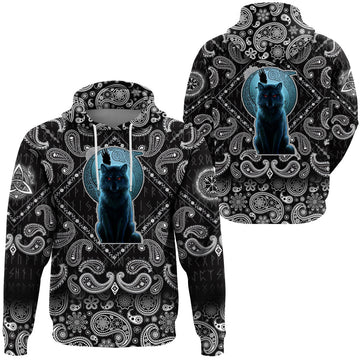 Viking Hoodie Fenrir Wolf and Moon with Bandana Paisley Style RLT12