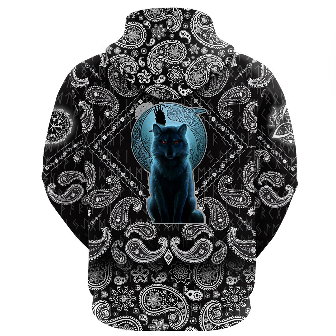 Viking Hoodie Fenrir Wolf and Moon with Bandana Paisley Style RLT12