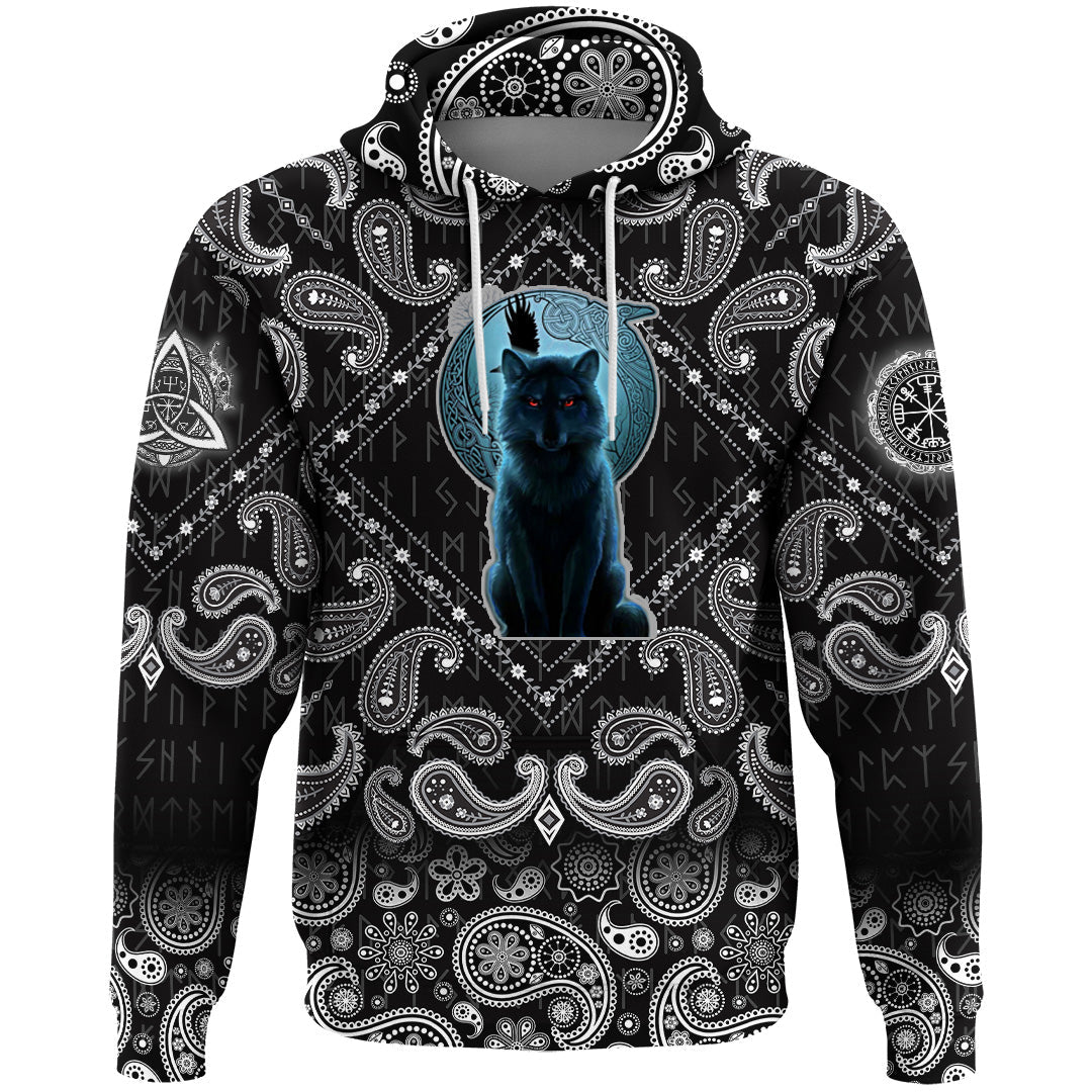 Viking Hoodie Fenrir Wolf and Moon with Bandana Paisley Style RLT12