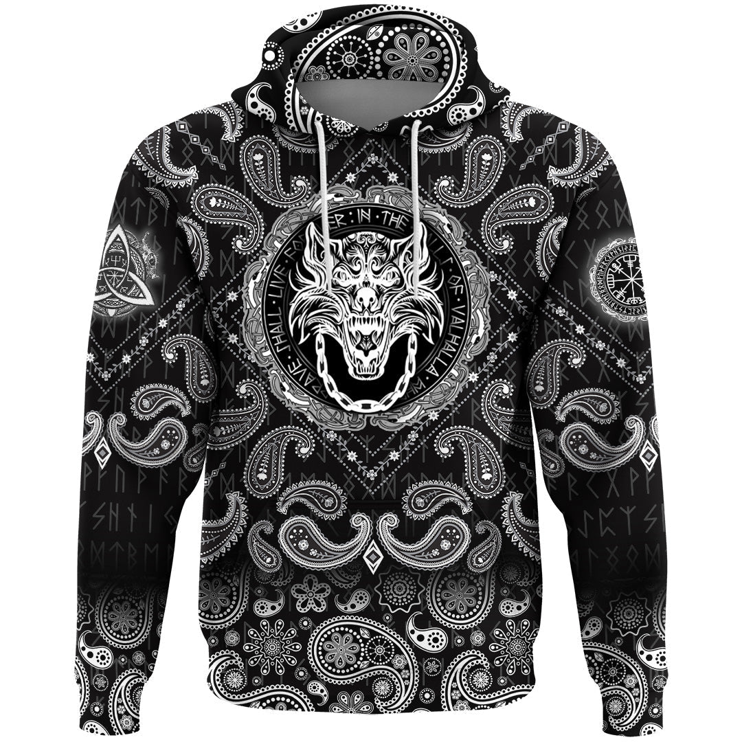 Viking Hoodie Fenrir Wolf and Old Runes with Bandana Paisley Style RLT12