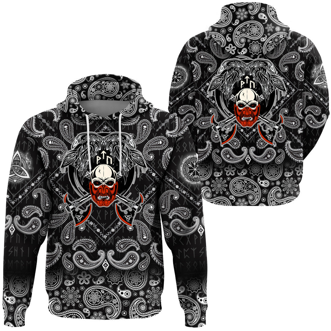 Viking Hoodie Fighting Axes Raven Skull Fantasy Warrior Inscription Hero with Bandana Paisley Style RLT12