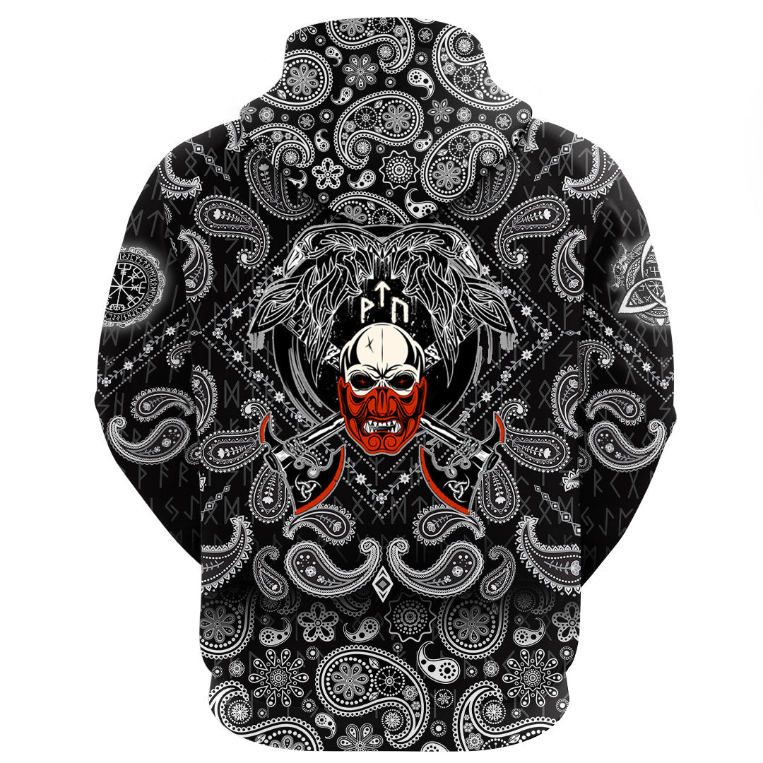 Viking Hoodie Fighting Axes Raven Skull Fantasy Warrior Inscription Hero with Bandana Paisley Style RLT12
