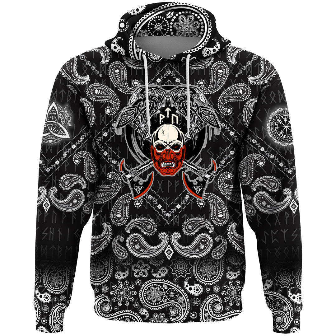Viking Hoodie Fighting Axes Raven Skull Fantasy Warrior Inscription Hero with Bandana Paisley Style RLT12