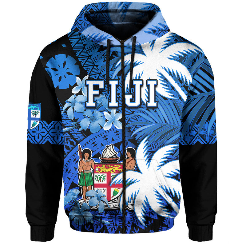 Custom Personalised Fiji Hoodie Coat Of Arms Masi Tapa Mixed Palm Tree No2 Blue Version LT9