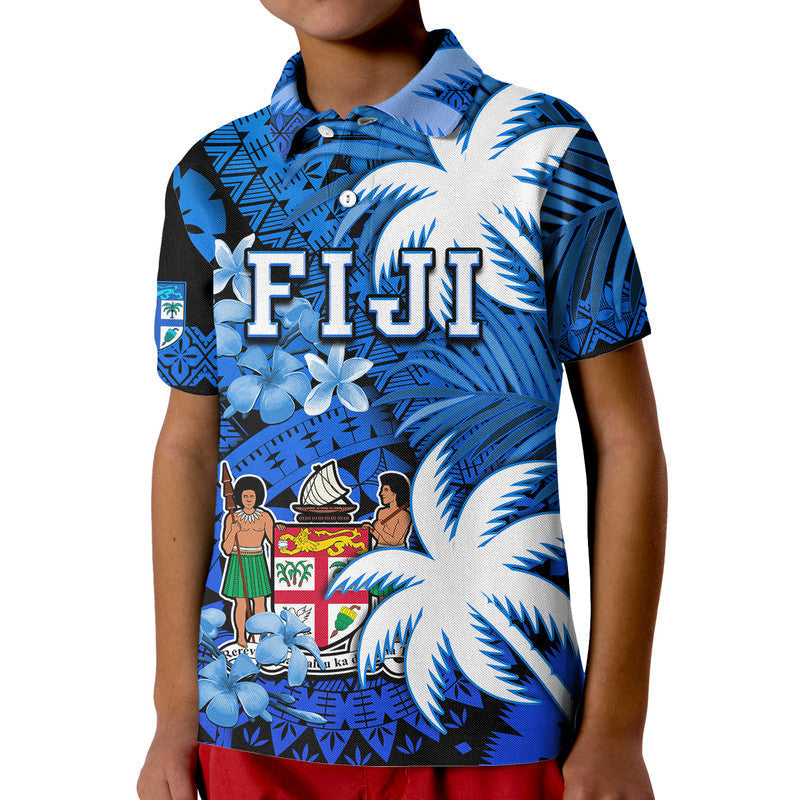 Custom Fiji Polo Shirt Coat Of Arms Masi Tapa Mixed Palm Tree No2 Blue Version LT9