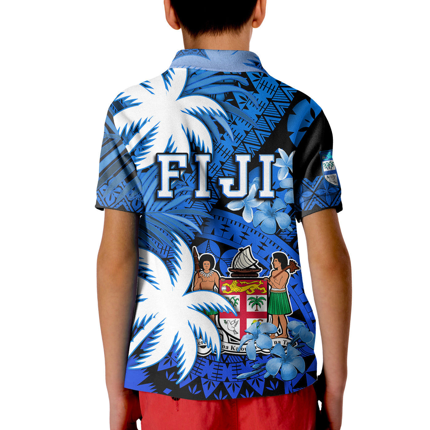 Fiji Polo Shirt Coat Of Arms Masi Tapa Mixed Palm Tree No2 Blue Version LT9