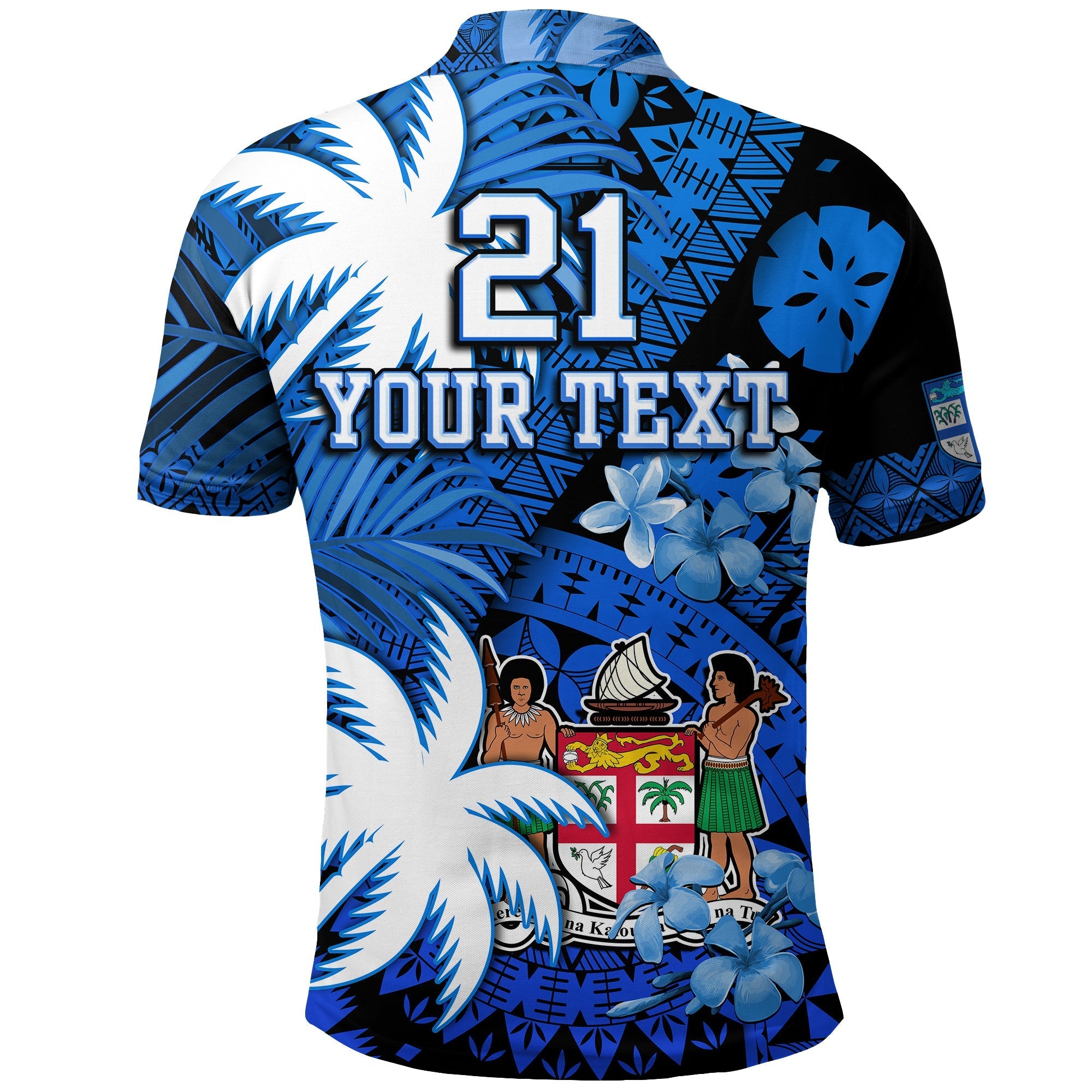 Custom Fiji Polo Shirt Coat Of Arms Masi Tapa Mixed Palm Tree No2 Blue Version LT9