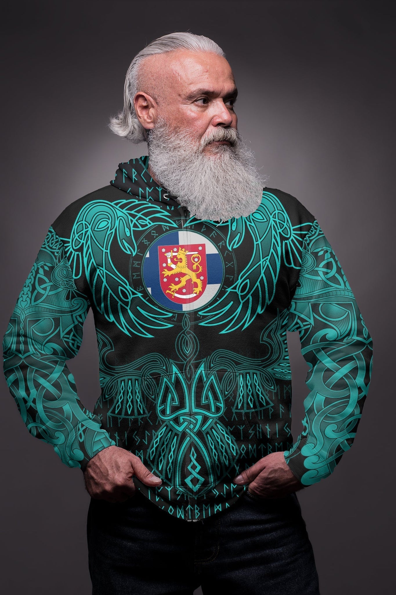 Viking Finland Zip Hoodie Valknut of Odin Cyan RLT12
