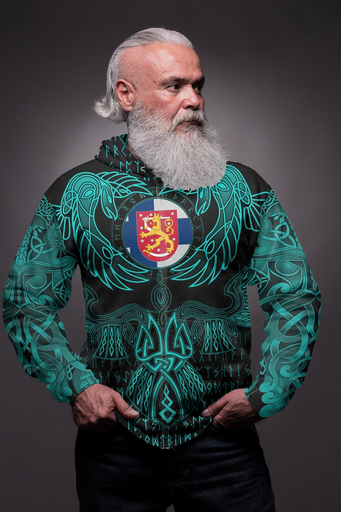 Viking Finland Zip Hoodie Valknut of Odin Cyan RLT12