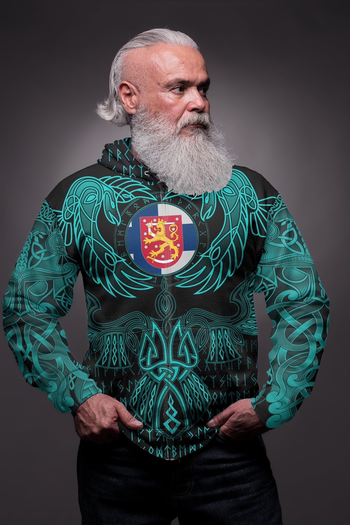 Viking Finland Zip Hoodie Valknut of Odin Cyan RLT12