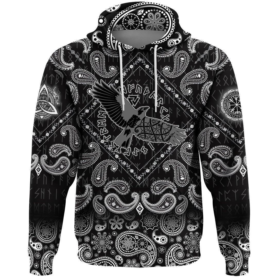 Viking Hoodie Flying Black Raven In Circle Of Scandinavian Runic Symbols with Bandana Paisley Style RLT12