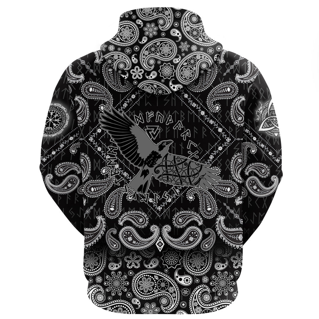 Viking Hoodie Flying Black Raven In Circle Of Scandinavian Runic Symbols with Bandana Paisley Style RLT12