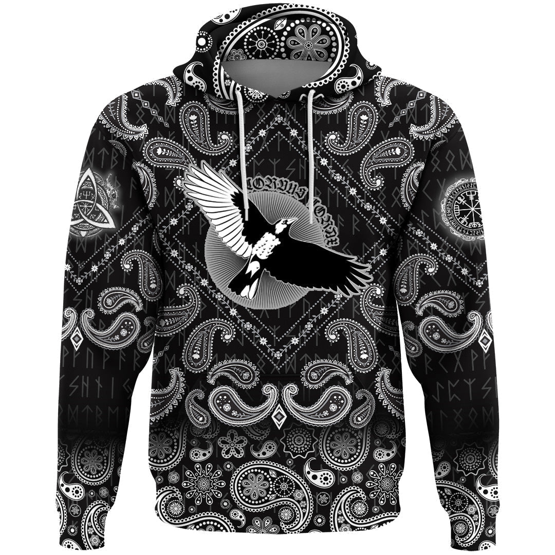 Viking Hoodie Flying Mighty Black Raven with Bandana Paisley Style RLT12