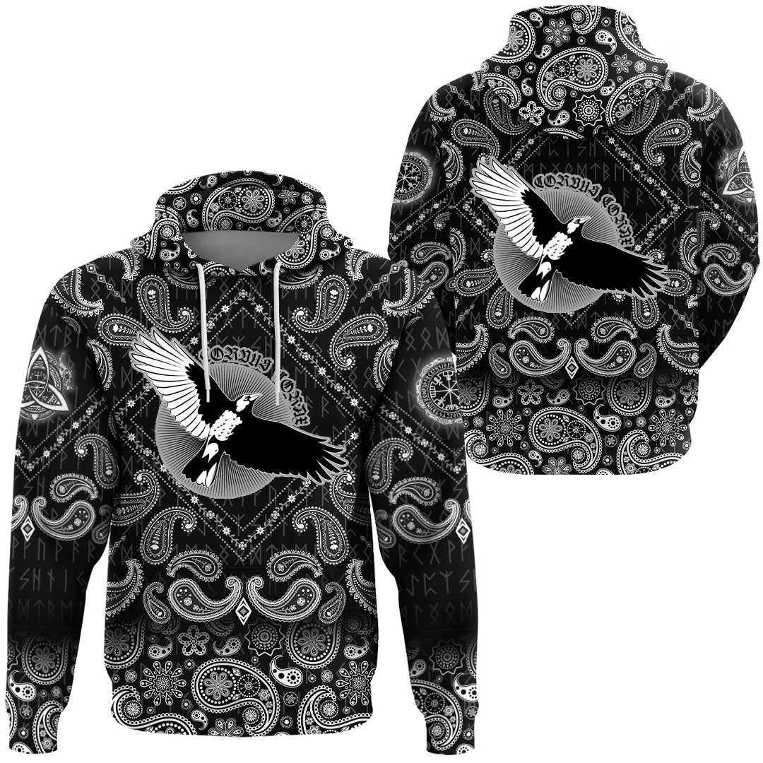 Viking Hoodie Flying Mighty Black Raven with Bandana Paisley Style RLT12