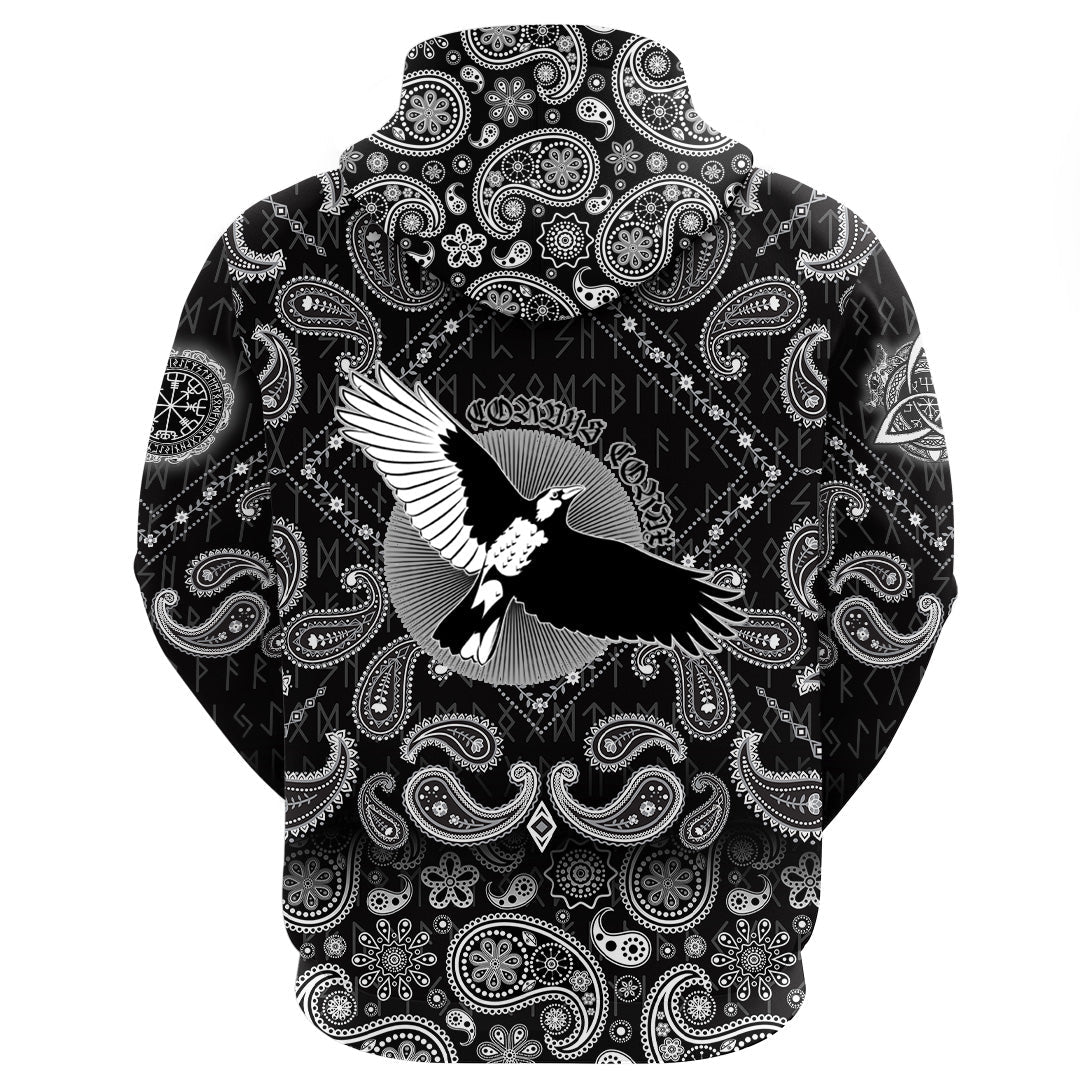 Viking Hoodie Flying Mighty Black Raven with Bandana Paisley Style RLT12