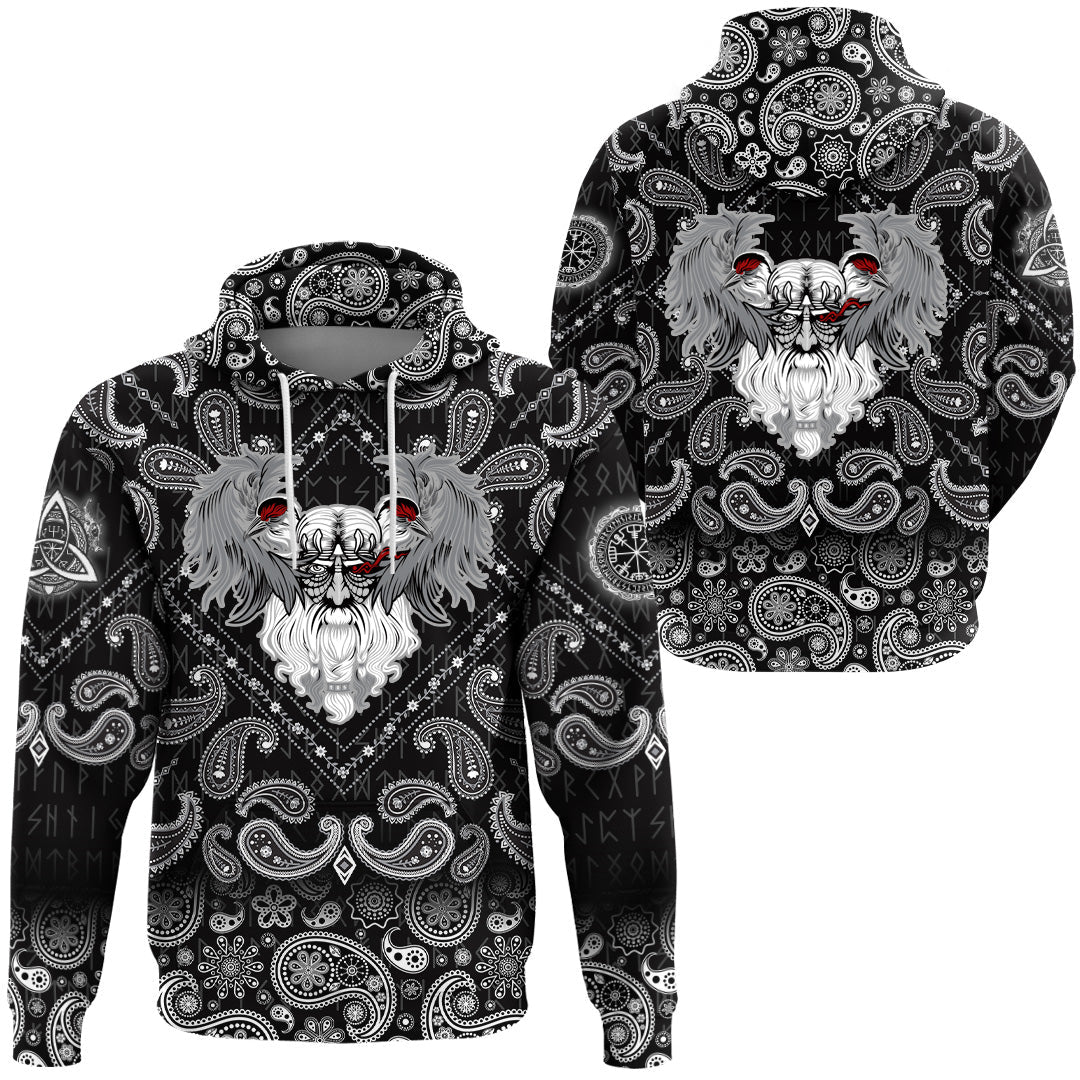 Viking Hoodie God Odin With Two Ravens with Bandana Paisley Style RLT12