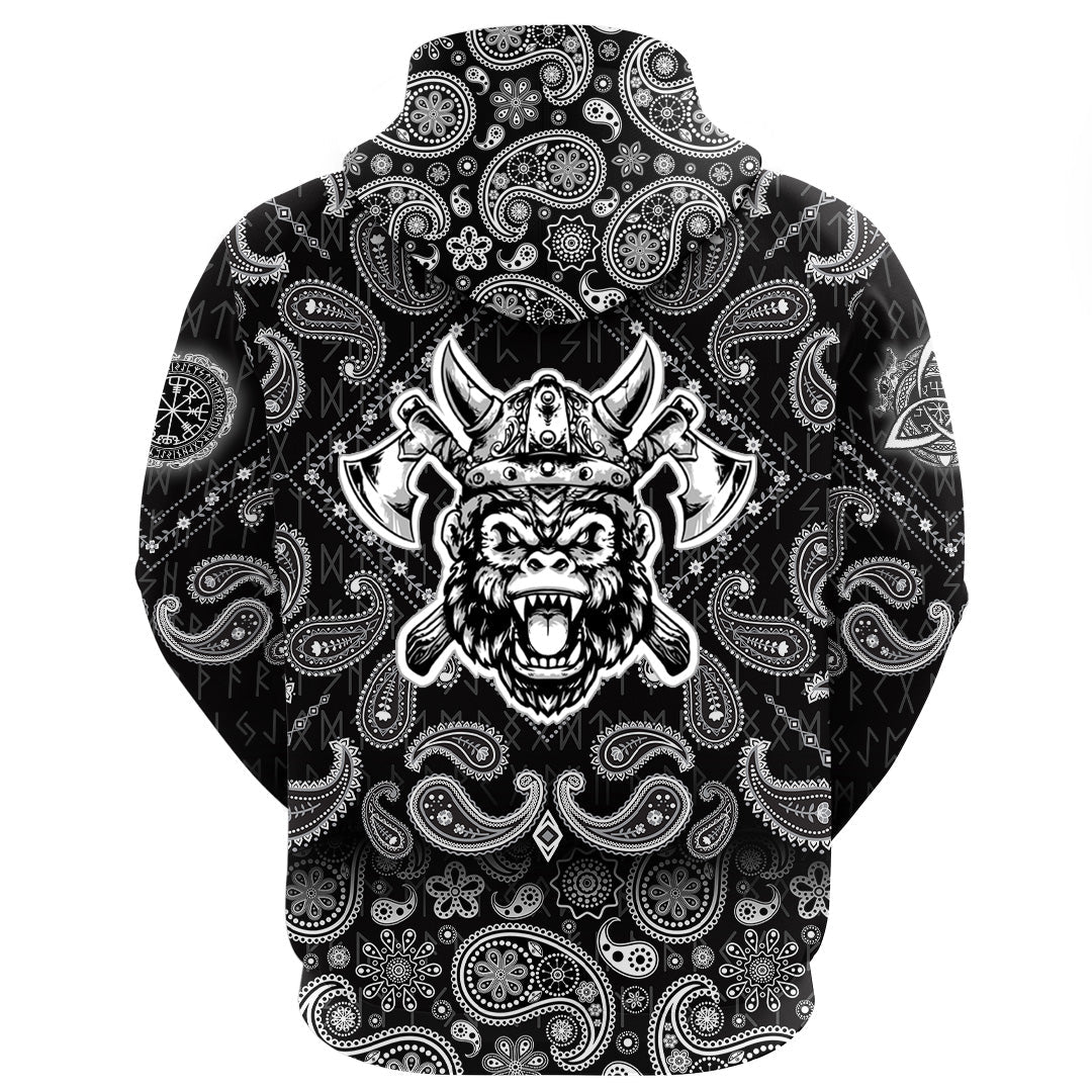 Viking Hoodie GorillHead With Helmet and Axe with Bandana Paisley Style RLT12