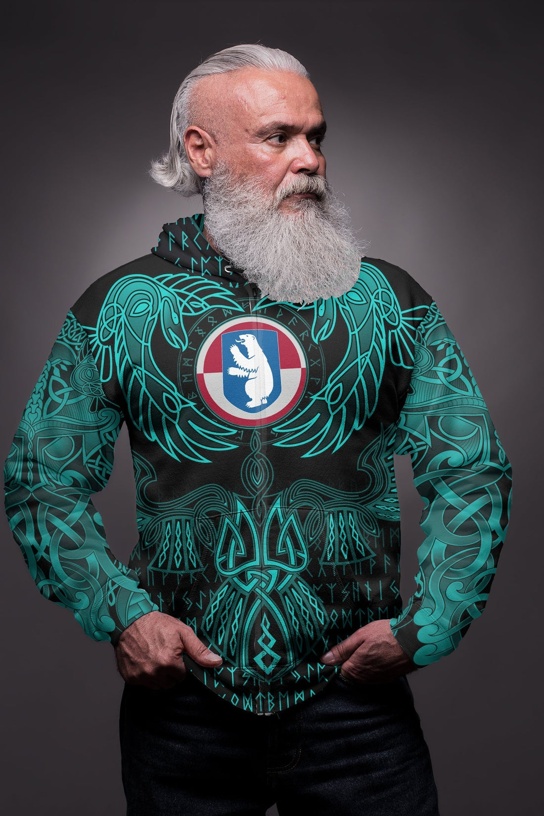 Viking Greenland Zip Hoodie Valknut of Odin Cyan RLT12