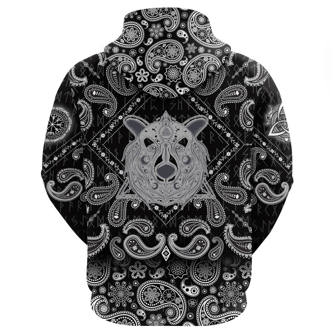 Viking Hoodie Grizzly Bear Head With Ancient Pagan Valknut with Bandana Paisley Style RLT12