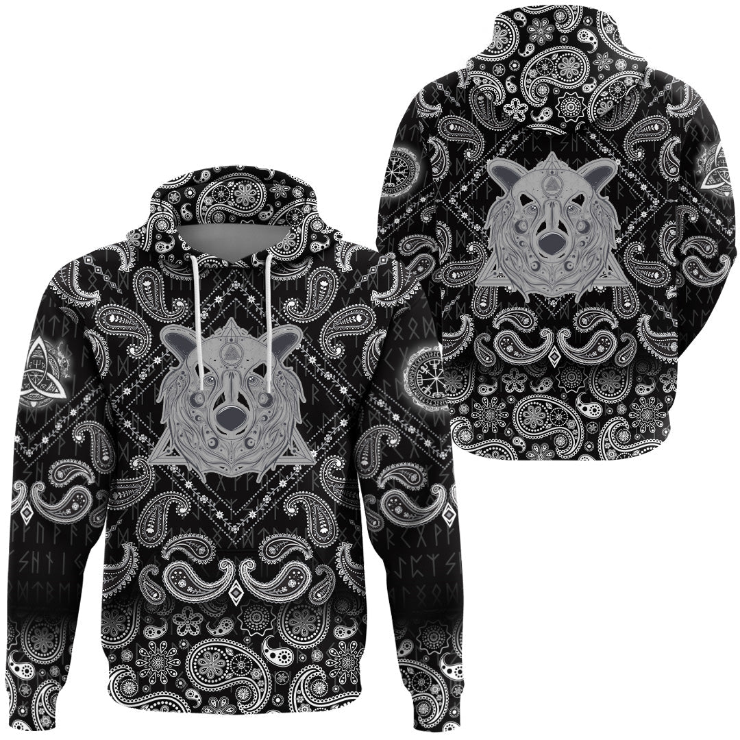Viking Hoodie Grizzly Bear Head With Ancient Pagan Valknut with Bandana Paisley Style RLT12