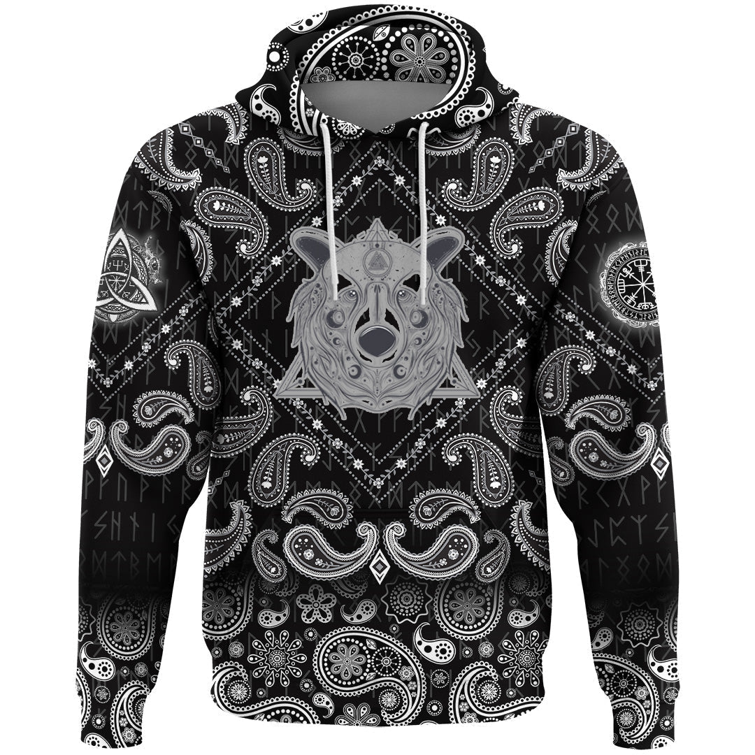 Viking Hoodie Grizzly Bear Head With Ancient Pagan Valknut with Bandana Paisley Style RLT12