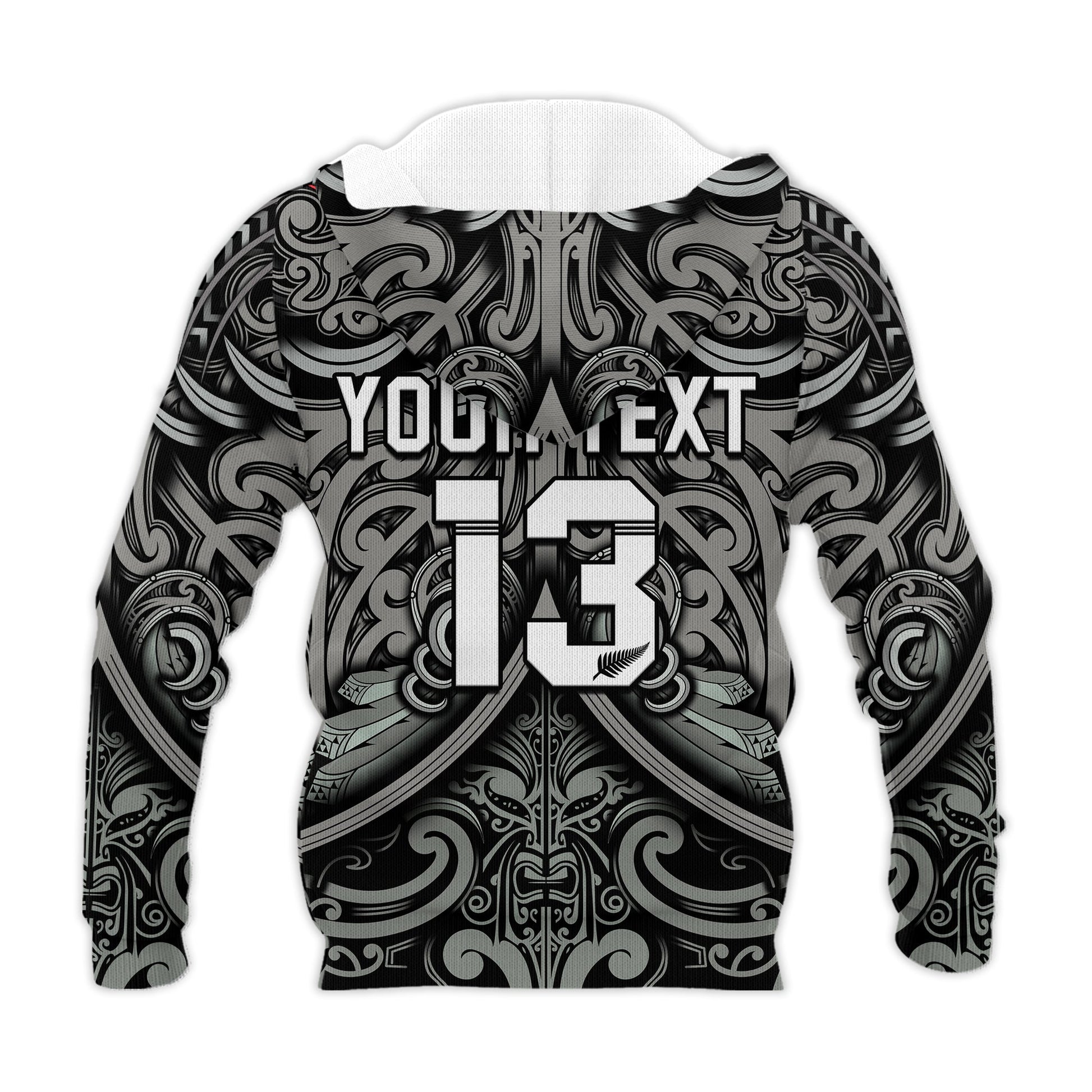 Custom Text and Number New Zealand Silver Fern Rugby Hoodie All Black NZ Maori Pattern LT13