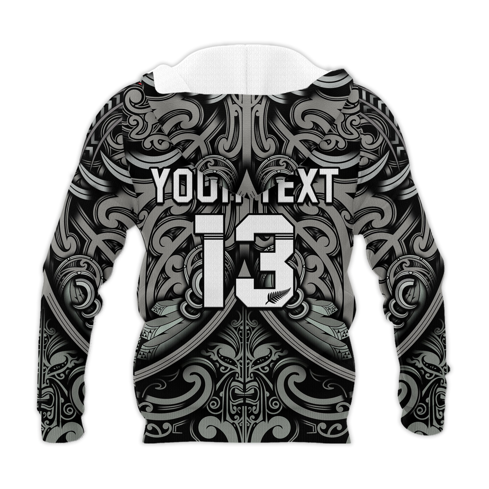 Custom Text and Number New Zealand Silver Fern Rugby Hoodie All Black NZ Maori Pattern LT13