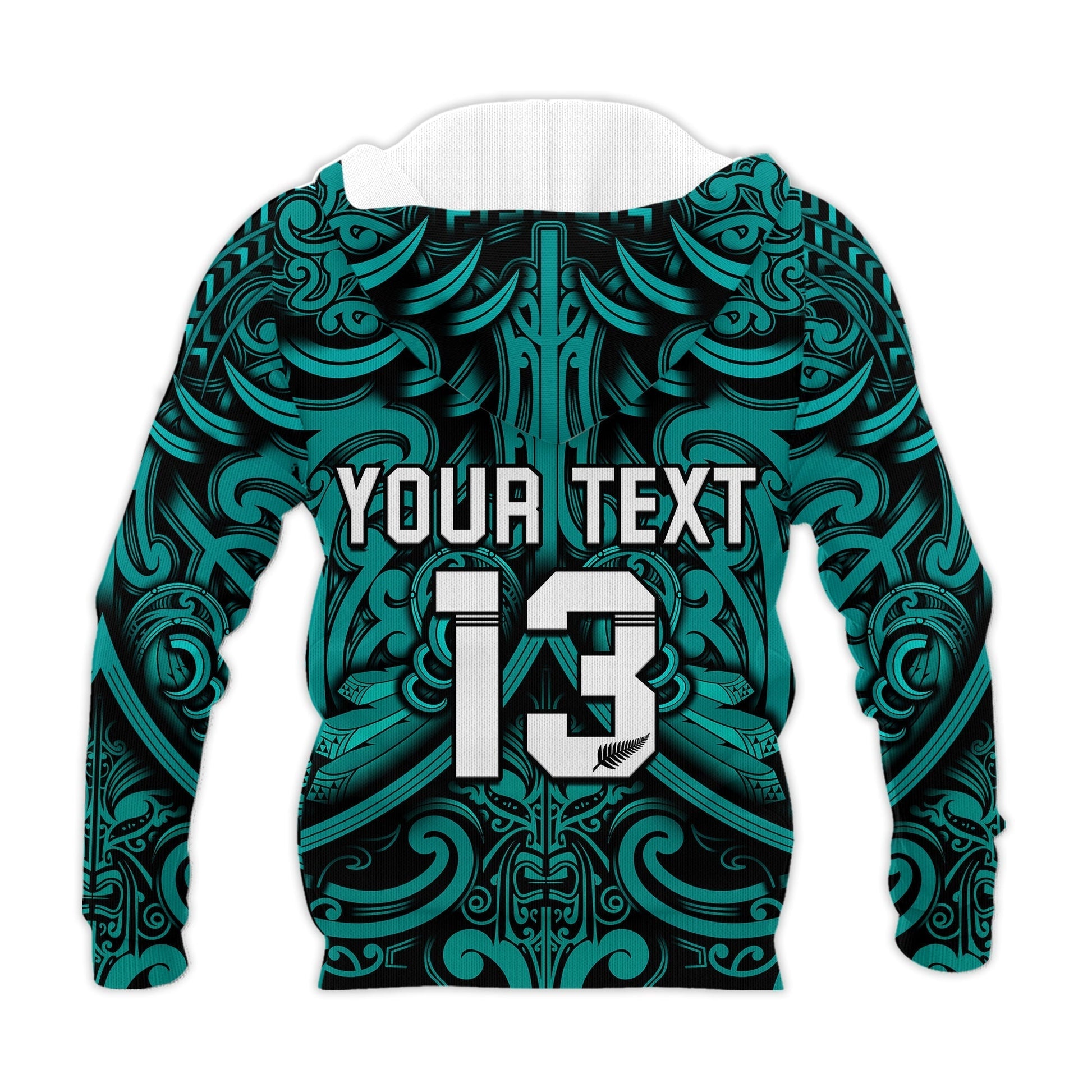 Custom Text and Number New Zealand Silver Fern Rugby Hoodie All Black Turquoise NZ Maori Pattern LT13
