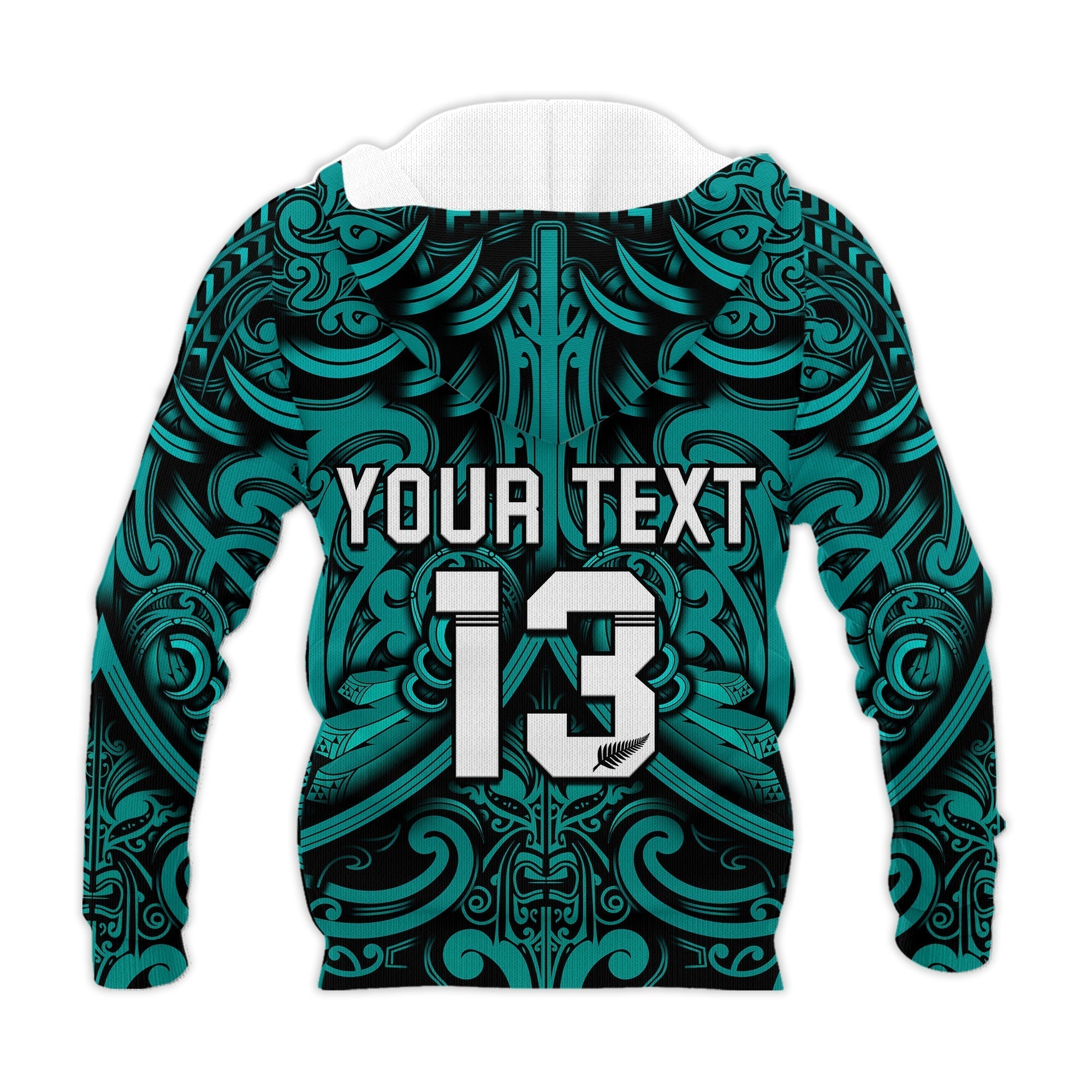 Custom Text and Number New Zealand Silver Fern Rugby Hoodie All Black Turquoise NZ Maori Pattern LT13