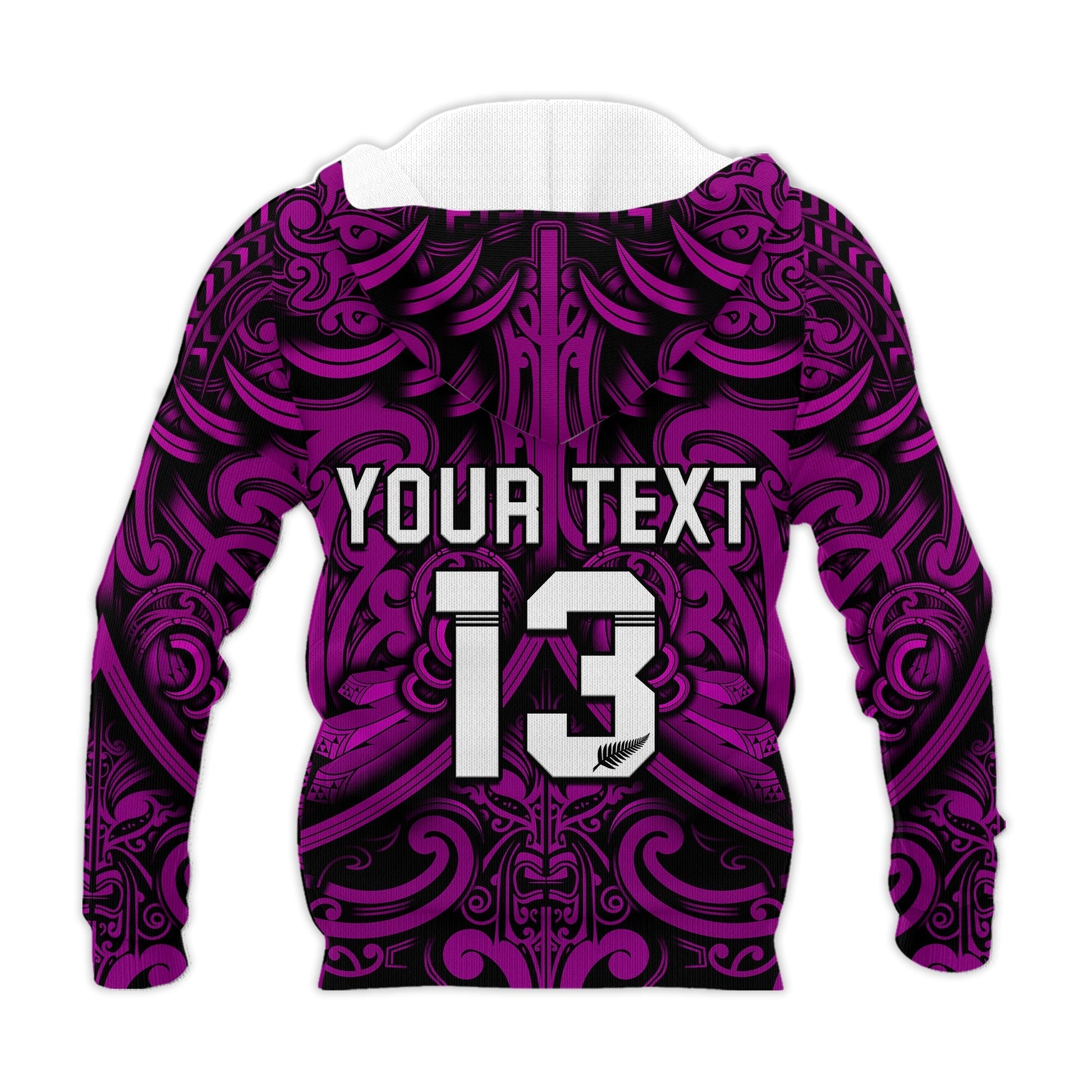 Custom Text and Number New Zealand Silver Fern Rugby Hoodie All Black Purple NZ Maori Pattern LT13