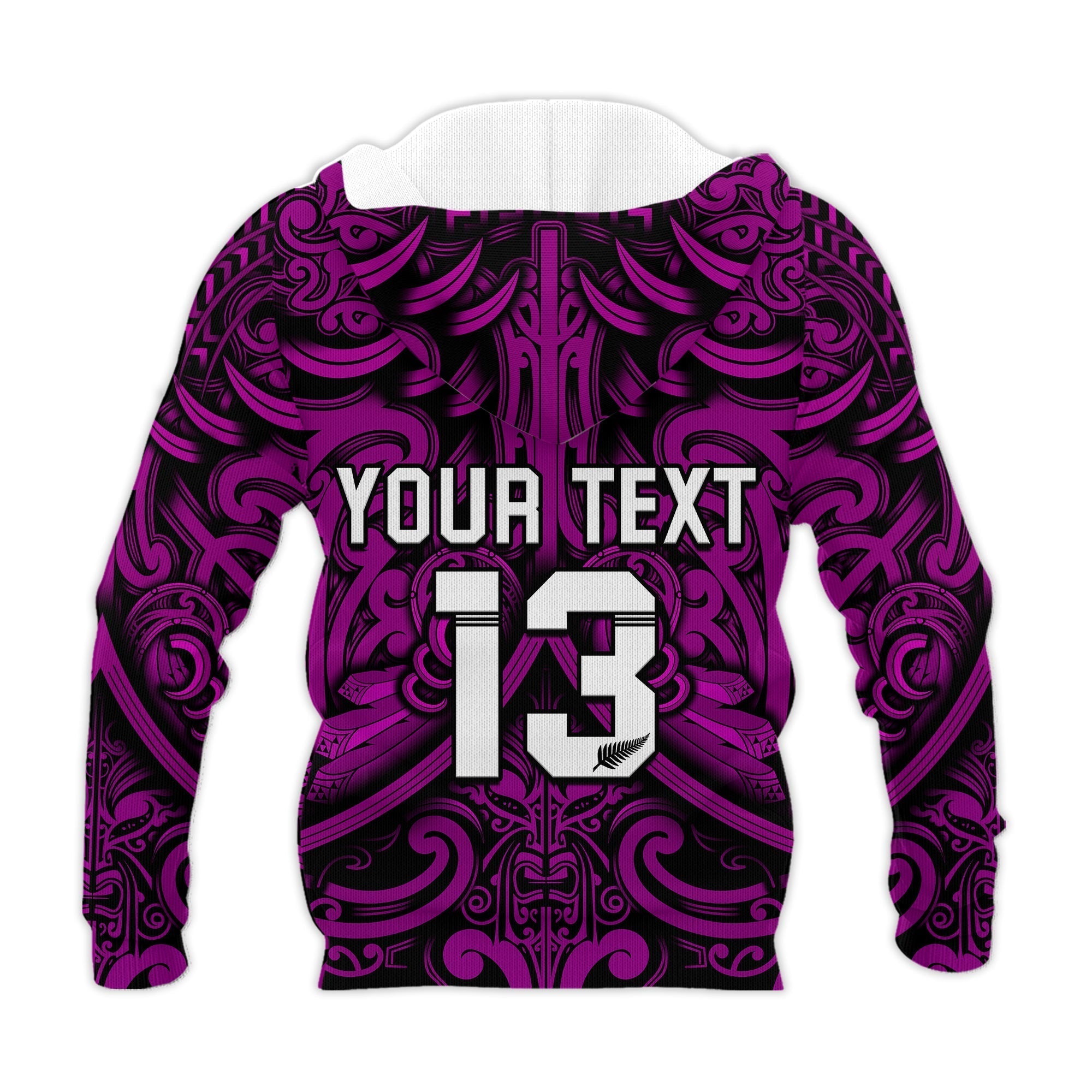 Custom Text and Number New Zealand Silver Fern Rugby Hoodie All Black Purple NZ Maori Pattern LT13