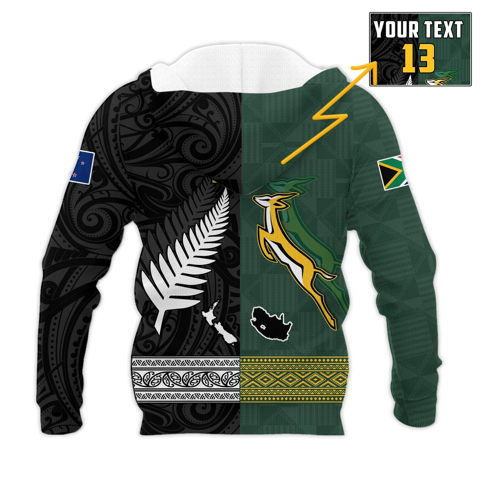 Custom Text and Number South Africa Protea and New Zealand Fern Hoodie Rugby Go Springboks vs All Black LT13